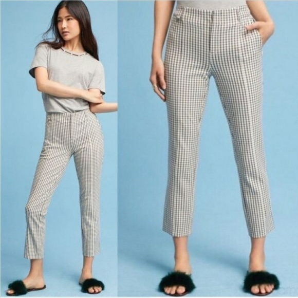 Anthropologie Essential Slim Trouser Crop Pants Ivory Black Check Womens Sz 10 - Picture 2 of 14